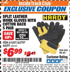 Harbor Freight ITC Coupon SPLIT LEATER WORK GLOVES WITH COTTON BACK Lot No. 61457/66291 Expired: 11/4/18 - $6.99