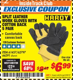 Harbor Freight ITC Coupon SPLIT LEATER WORK GLOVES WITH COTTON BACK Lot No. 61457/66291 Expired: 9/30/19 - $6.99