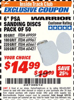Harbor Freight ITC Coupon 6", 80 GRIT PSA SANDING DISCS PACK OF 50 Lot No. 69959 Expired: 8/31/18 - $14.99