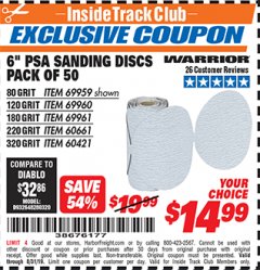 Harbor Freight ITC Coupon 6", 80 GRIT PSA SANDING DISCS PACK OF 50 Lot No. 69959 Expired: 8/31/19 - $14.99