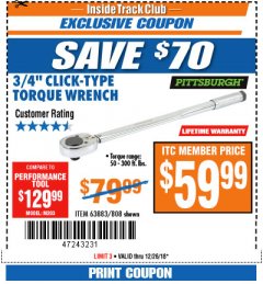 Harbor Freight ITC Coupon 3/4" DRIVE TORQUE WRENCH Lot No. 808/63883 Expired: 12/26/18 - $59.99