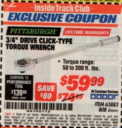 Harbor Freight ITC Coupon 3/4" DRIVE TORQUE WRENCH Lot No. 808/63883 Expired: 7/31/19 - $59.99