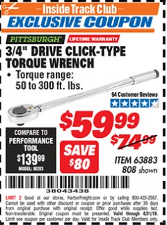 Harbor Freight ITC Coupon 3/4" DRIVE TORQUE WRENCH Lot No. 808/63883 Expired: 8/31/19 - $59.99