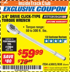 Harbor Freight ITC Coupon 3/4" DRIVE TORQUE WRENCH Lot No. 808/63883 Expired: 2/29/20 - $59.99