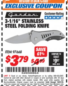 Harbor Freight ITC Coupon 3-1/16" STAINLESS STEEL FOLDING KNIFE Lot No. 97668 Expired: 10/31/18 - $3.79