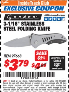 Harbor Freight ITC Coupon 3-1/16" STAINLESS STEEL FOLDING KNIFE Lot No. 97668 Expired: 2/28/19 - $3.79