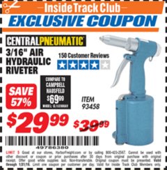 Harbor Freight ITC Coupon 3/16" AIR HYDRAULIC RIVETER Lot No. 93458 Expired: 1/31/19 - $29.99