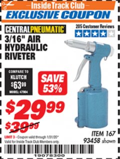 Harbor Freight ITC Coupon 3/16" AIR HYDRAULIC RIVETER Lot No. 93458 Expired: 1/31/20 - $29.99