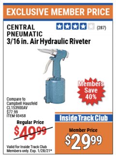 Harbor Freight ITC Coupon 3/16" AIR HYDRAULIC RIVETER Lot No. 93458 Expired: 1/28/21 - $29.99