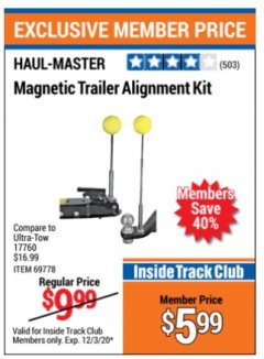 Harbor Freight ITC Coupon MAGNETIC TRAILER ALIGNMENT KIT Lot No. 95684/69778 Expired: 12/3/20 - $5.99