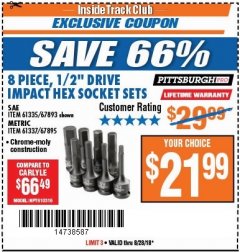 Harbor Freight ITC Coupon 8 PIECE 1/2" DRIVE IMPACT HEX SOCKET SETS Lot No. 61335/67893/67895/61337 Expired: 8/28/18 - $21.99