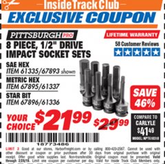 Harbor Freight ITC Coupon 8 PIECE 1/2" DRIVE IMPACT HEX SOCKET SETS Lot No. 61335/67893/67895/61337 Expired: 2/28/19 - $21.99