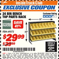 Harbor Freight ITC Coupon 24 BIN BENCH TOP PARTS RACK Lot No. 69572/95496 Expired: 8/31/18 - $29.99