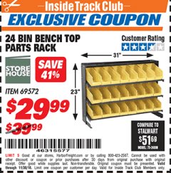 Harbor Freight ITC Coupon 24 BIN BENCH TOP PARTS RACK Lot No. 69572/95496 Expired: 11/30/18 - $29.99
