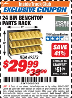 Harbor Freight ITC Coupon 24 BIN BENCH TOP PARTS RACK Lot No. 69572/95496 Expired: 3/31/19 - $29.99