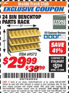 Harbor Freight ITC Coupon STOREHOUSE 24-BIN BENCHTOP PARTS RACK Lot No. 69572 Expired: 3/31/19 - $29.99