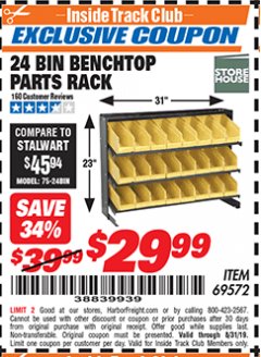 Harbor Freight ITC Coupon 24 BIN BENCH TOP PARTS RACK Lot No. 69572/95496 Expired: 8/31/19 - $29.99