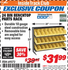 Harbor Freight ITC Coupon 24 BIN BENCH TOP PARTS RACK Lot No. 69572/95496 Expired: 3/31/20 - $31.99