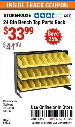 Harbor Freight ITC Coupon STOREHOUSE 24-BIN BENCHTOP PARTS RACK Lot No. 69572 Expired: 8/31/20 - $33.99