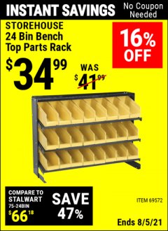 Harbor Freight Coupon STOREHOUSE 24-BIN BENCHTOP PARTS RACK Lot No. 69572 Expired: 8/5/21 - $34.99