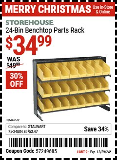 Harbor Freight Coupon STOREHOUSE 24-BIN BENCHTOP PARTS RACK Lot No. 69572 Expired: 12/29/24 - $34.99