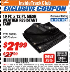 Harbor Freight ITC Coupon 10 FT. x 12 FT. MESH ALL PURPOSE WEATHER RESISTANT TARP Lot No. 60576/96936 Expired: 9/30/18 - $21.99