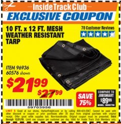 Harbor Freight ITC Coupon 10 FT. x 12 FT. MESH ALL PURPOSE WEATHER RESISTANT TARP Lot No. 60576/96936 Expired: 12/31/18 - $21.99