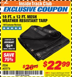 Harbor Freight ITC Coupon 10 FT. x 12 FT. MESH ALL PURPOSE WEATHER RESISTANT TARP Lot No. 60576/96936 Expired: 1/31/20 - $22.99