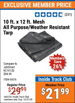 Harbor Freight ITC Coupon 10 FT. x 12 FT. MESH ALL PURPOSE WEATHER RESISTANT TARP Lot No. 60576/96936 Expired: 10/31/20 - $21.99