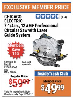 Harbor Freight ITC Coupon 7-1/4" HEAVY DUTY CIRCULAR SAW WITH LASER GUIDE SYSTEM Lot No. 69064 Expired: 1/28/21 - $49.99
