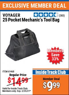 Harbor Freight ITC Coupon VOYAGER 25 POCKET MECHANICS TOOL BAG Lot No. 61468 Expired: 2/25/21 - $9.99