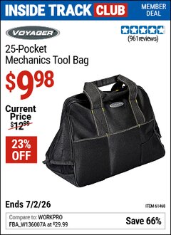 Harbor Freight Coupon VOYAGER 25-POCKET MECHANICS TOOL BAG Lot No. 61468 Valid: 12/31/69 - 7/2/26 - $9.98