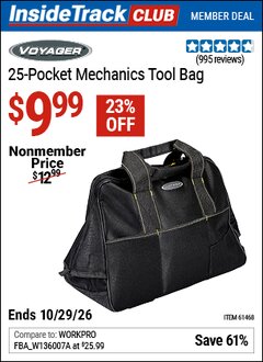 Harbor Freight ITC Coupon VOYAGER 25-POCKET MECHANICS TOOL BAG Lot No. 61468 Valid Thru: 10/29/26 - $9.99