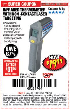 Harbor Freight Coupon NON-CONTACT INFRARED THERMOMETER WITH LASER TARGETING Lot No. 69465/96451/60725/61894 Expired: 7/31/18 - $19.99