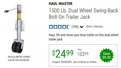 Harbor Freight Coupon 1500 LB. CAPACITY DUAL WHEEL SWING-BACK BOAT TRAILER JACK Lot No. 69779/67500 Expired: 6/30/20 - $24.99
