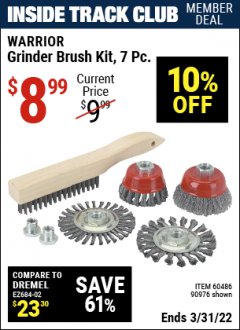 Harbor Freight ITC Coupon WARRIOR GRINDER BRUSH KIT, 7-PIECE Lot No. 90976 Expired: 3/31/22 - $8.99