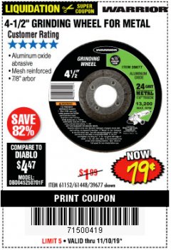 Harbor Freight Coupon 4-1/2" GRINDING WHEEL FOR METAL Lot No. 39677/61152/61448 Expired: 11/10/19 - $0.79
