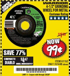 Harbor Freight Coupon 4-1/2" GRINDING WHEEL FOR METAL Lot No. 39677/61152/61448 Expired: 2/8/20 - $0.99
