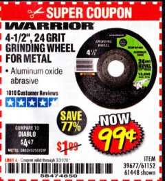 Harbor Freight Coupon 4-1/2" GRINDING WHEEL FOR METAL Lot No. 39677/61152/61448 Expired: 3/31/20 - $0.99