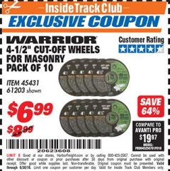 Harbor Freight ITC Coupon WARRIOR 4-1/2 IN. X 1/16 IN. X 7/8 IN. TYPE 01/41 MASONRY CUT-OFF WHEEL, 10-PACK Lot No. 45431/61203 Expired: 6/30/18 - $6.99