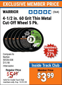 Harbor Freight ITC Coupon 5 PIECE 4-1/2" THIN CUT-OFF WHEELS FOR METAL Lot No. 61153/66394 Expired: 10/31/20 - $3.99