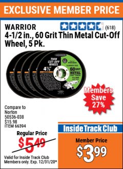 Harbor Freight ITC Coupon 5 PIECE 4-1/2" THIN CUT-OFF WHEELS FOR METAL Lot No. 61153/66394 Expired: 12/31/20 - $3.99
