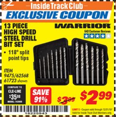 Harbor Freight ITC Coupon 13 PIECE HIGH SPEED STEEL DRILL BIT SET Lot No. 9475/61723/62568 Expired: 12/31/19 - $2.99