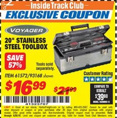 Harbor Freight ITC Coupon 20" STAINLESS STEEL TOOLBOX Lot No. 61572/93168 Expired: 6/30/18 - $16.99
