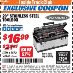 Harbor Freight ITC Coupon 20" STAINLESS STEEL TOOLBOX Lot No. 61572/93168 Expired: 3/31/19 - $16.99