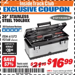 Harbor Freight ITC Coupon 20" STAINLESS STEEL TOOLBOX Lot No. 61572/93168 Expired: 4/30/20 - $16.99