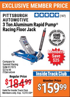 Harbor Freight ITC Coupon PITTSBURGH 3 TON LOW-PROFILE ALUMINUM RACING FLOOR JACK WITH RAPID PUMP Lot No. 64544/64834 Expired: 12/31/20 - $159.99
