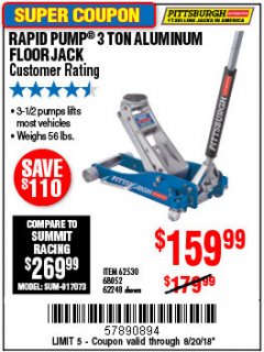Harbor Freight Coupon PITTSBURGH 3 TON LOW-PROFILE ALUMINUM RACING FLOOR JACK WITH RAPID PUMP Lot No. 64544/64834 Expired: 8/20/18 - $159.99