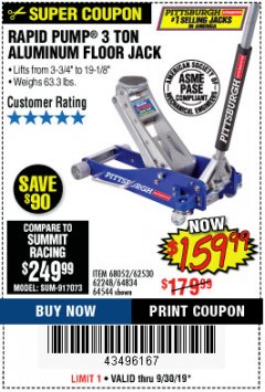 Harbor Freight Coupon PITTSBURGH RAPID PUMP 3 TON ALUMINUM RACING JACK Lot No. 68052/61386/62248/62530/64544 Expired: 9/30/19 - $159.99