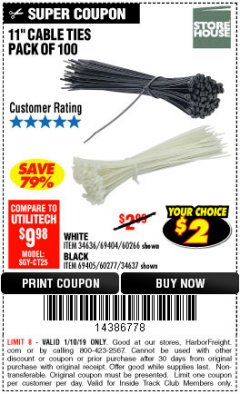 Harbor Freight ITC Coupon 11" CABLE TIES PACK OF 100 Lot No. 34636/69404/60266/34637/69405/60277 Expired: 1/10/19 - $2
